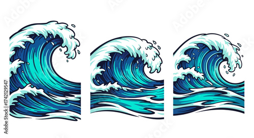 Three identical ocean waves with varying shades of blue and white foam.