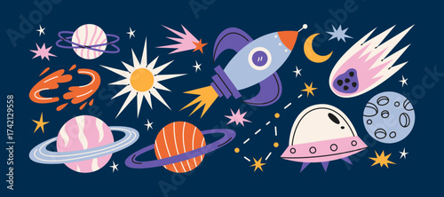 Cartoon space stickers. Galactic elements, planets, rocket, UFO, astronaut, satellite. Shapes of the future of the universe in gravity, trendy retro doodle groovy stickers 90s