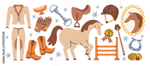 Quadro su tela Equestrian sport and horse riding elements in retro cartoon style