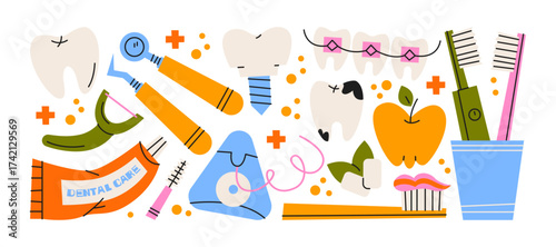 Dentist tools in retro cartoon style. Teeth, toothbrush, braces, characters, tools, medical instruments. Funky doodle stickers for dental care and healthcare design. Illustration in doodle style