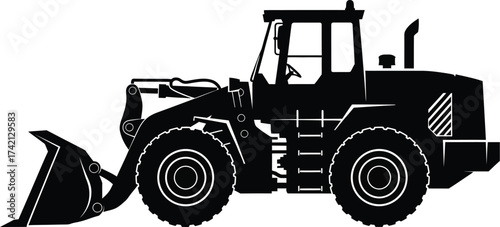 Silhouette of a wheel loader construction vehicle in black color editable stock
