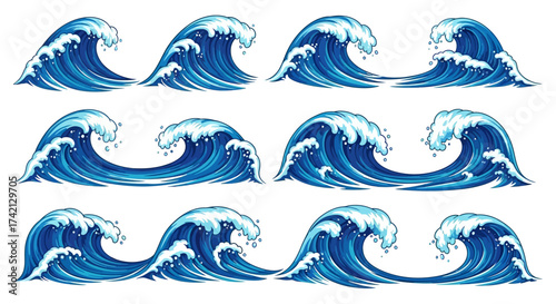 Set of blue ocean waves in various styles and sizes.