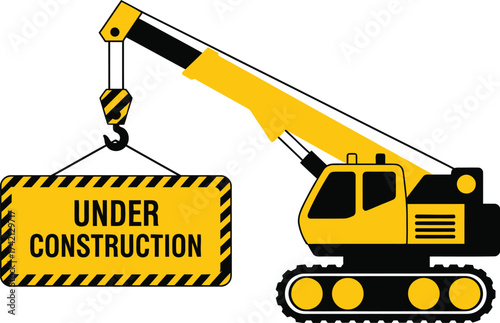 Yellow and black crane holding under construction sign vector editable stock