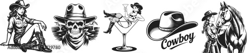 Set of cowboy and girl with different activities, vector illustration.