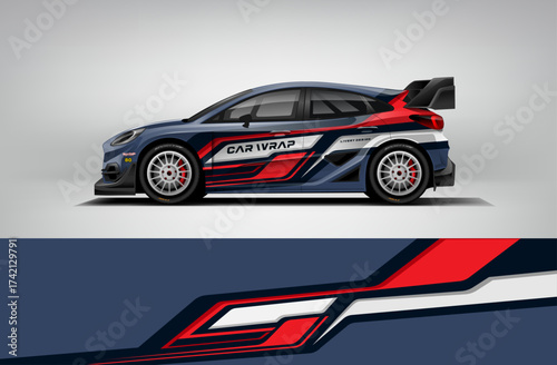 Vector car wrap livery design in red and black editable EPS racing graphic for sedan or hatchback vehicle