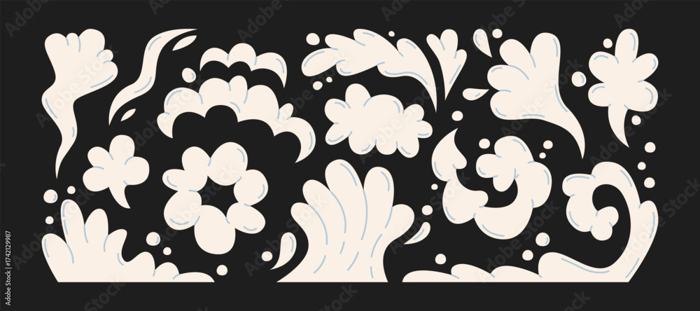 Naklejka premium Smoke and cloud effects in retro cartoon style. Decorative collection of abstract puffs, swirls, vapor and mist shapes. Universal atmospheric set for design projects, stickers, posters, comics