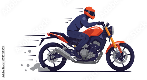 Orange Motorcycle with Rider in Blue Suit and Helmet.
