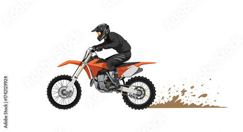 Motocross Rider on Orange Dirt Bike with Mud Splatter.