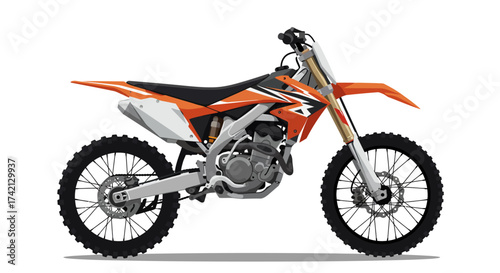 Orange and White Motocross Motorcycle Illustration Side View.