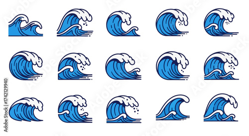 Collection of various blue ocean wave graphics.