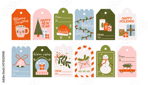 Christmas and New Year gift tags in retro cartoon style. Labels: festive greetings, presents, snowman, tree, ornaments, holly. Winter holiday collection for wrapping, decoration, greeting cards 