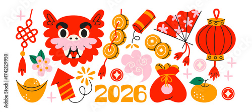 Chinese New Year stickers. Asian folk traditions, lunar New Year, mythical dragon, lantern, red envelope. Colorful shapes and holiday decorations, happy Lunar Year