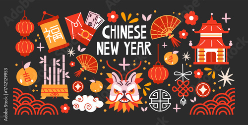 Chinese New Year stickers. Asian folk traditions, lunar New Year, mythical dragon, lantern, red envelope. Colorful shapes and holiday decorations, happy Lunar Year