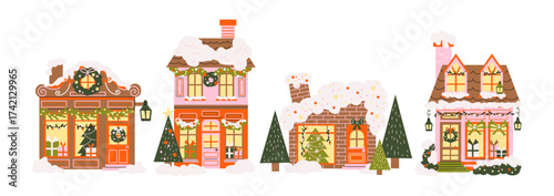 Winter holiday houses and Christmas homes in retro cartoon style. Buildings: decorated roofs, festive wreaths, glowing windows. Cozy seasonal architecture composition for Xmas cards and New Year