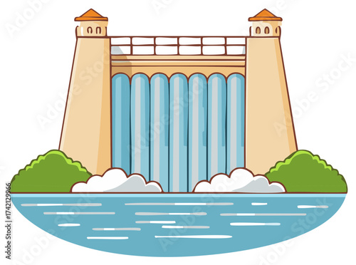 A stylized cartoon illustration of a large hydroelectric dam with a powerful waterfall generating clean energy