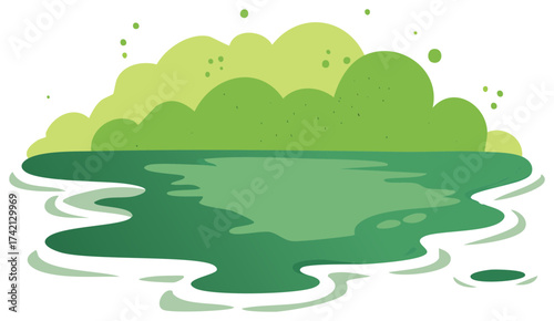 Stylized Green Lake with Trees and Water Ripples Cartoon Illustration