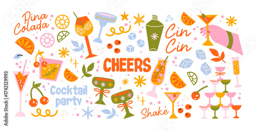 Cartoon stickers cocktails in glass jars and glasses, set of alcoholic drinks and fruits. Retro cans of refreshing drinks with ice for party. cocktail ingredients. trending doodle stickers