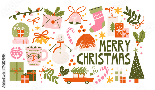 Christmas stickers in retro cartoon style. Holiday new year elements: gifts, candy canes, wreaths. Snowman, reindeer, car with presents, festive sweets. Illustration in retro cartoon style