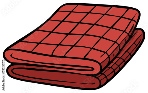 Folded red quilted blanket with a grid pattern and thick black outline