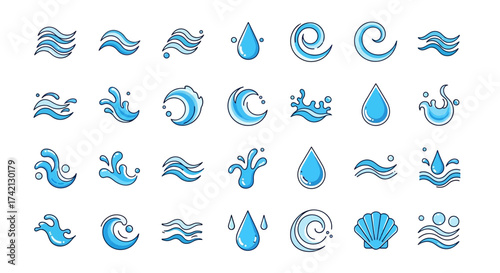 Collection of various wave and water icons.