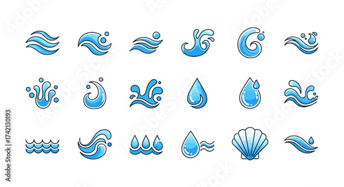 Collection of blue water wave and droplet icons.