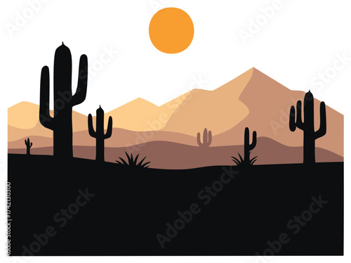Desert Landscape With Saguaros Mountains And Bright Sun Silhouette