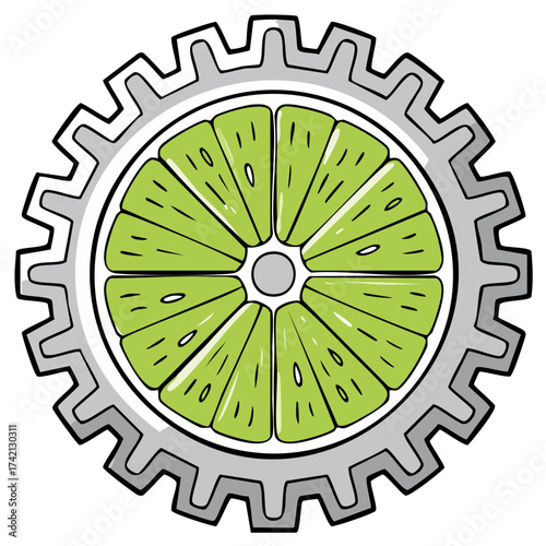 Creative concept of a lime slice integrated with a gear mechanism for mechanical engineering and citrus