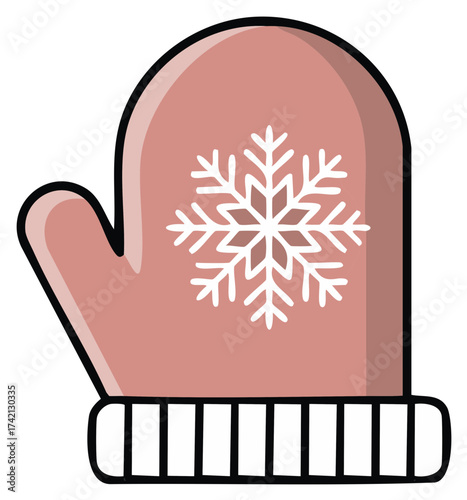 Winter pink mitten with a snowflake. Cartoon illustration of gloves for weather.