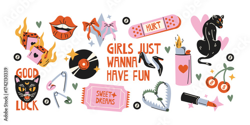Lucky girls cartoon cute stickers. Set of girly patches of girl power badges in retro doodle groovy vintage 90s style	
