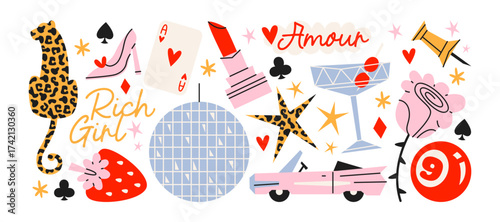 Lucky girls cartoon cute stickers. Set of girly patches of girl power badges in retro doodle groovy vintage 90s style	
