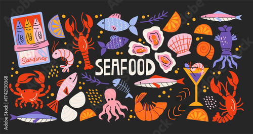 Set of seafood and gourmet sea food. Cartoon shrimps, fish, salmon, squid, mussels oysters and ingredients for cooking, food products. Healthy food delicacies, vitamins, vector stickers