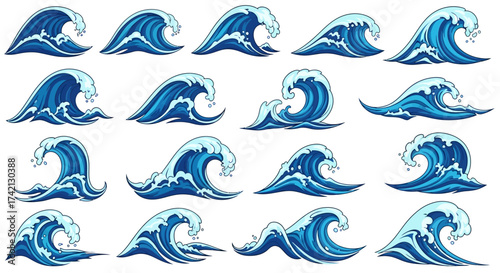 Collection of various blue ocean wave graphics.