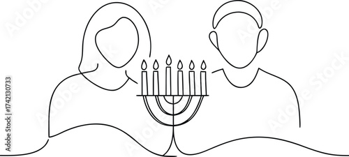 Couple with menorah in minimalist line art style hanukkah