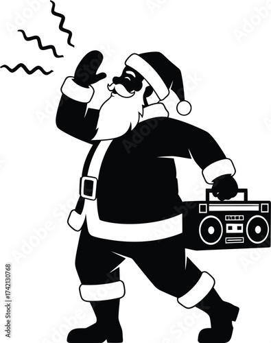 Santa claus in black and white holding a boombox and singing loud editable stock