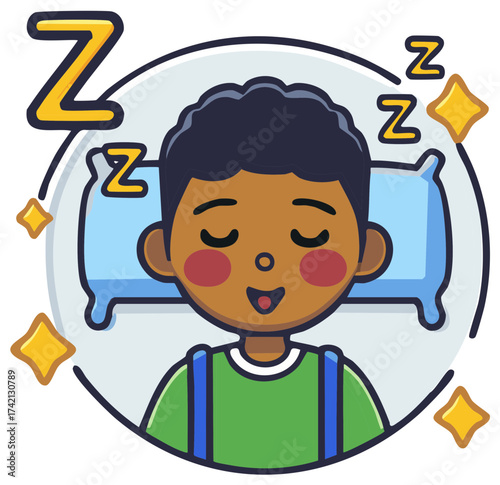 Cute cartoon boy sleeping peacefully in bed surrounded by Zzzs and stars