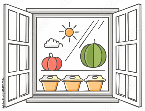 Cartoon illustration of an open window with sun, cloud, pumpkin, watermelon, and pots