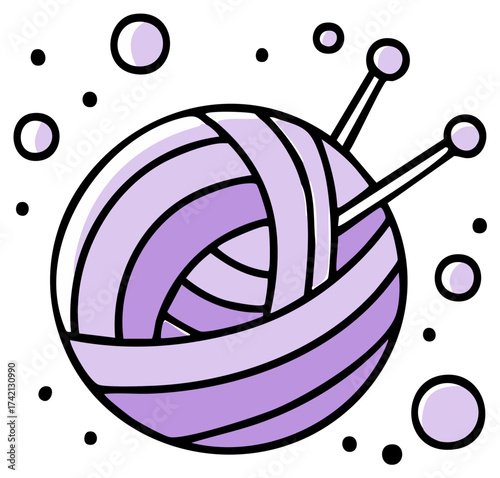 Purple yarn ball with knitting needles and floating circles illustration