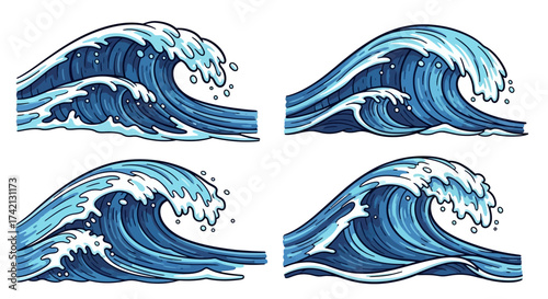 four blue ocean waves with white foam.