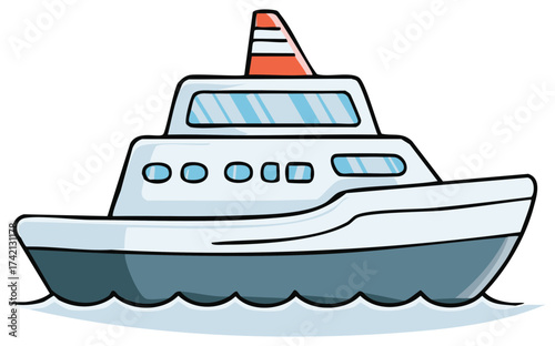 Cartoon illustration of a cruise ship sailing on the water with red chimney