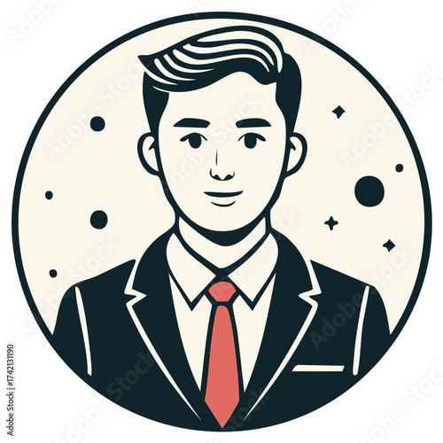 Stylized Portrait of a Businessman in Suit and Tie, Circular Illustration Design