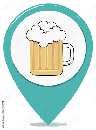 Beer Mug Icon on Location Pin: Pub or Brewery Finder App Element Design