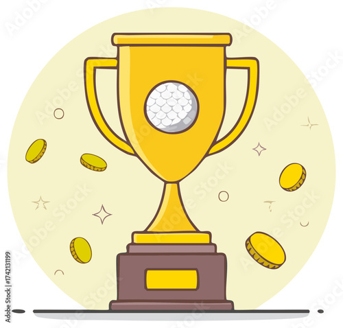 Golden golf trophy with a golf ball and falling coins symbolizing victory and reward