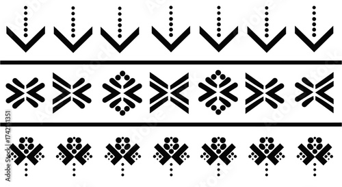 Traditional ethnic patterns and designs in black and white.