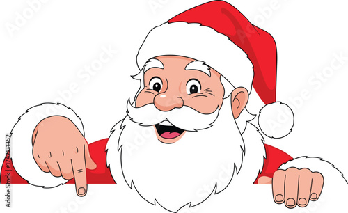 Cartoon santa claus pointing down with a happy expression on face editable stock