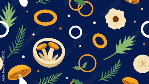 Seamless pattern with mushrooms, herbs and onion rings on a dark blue background in flat style