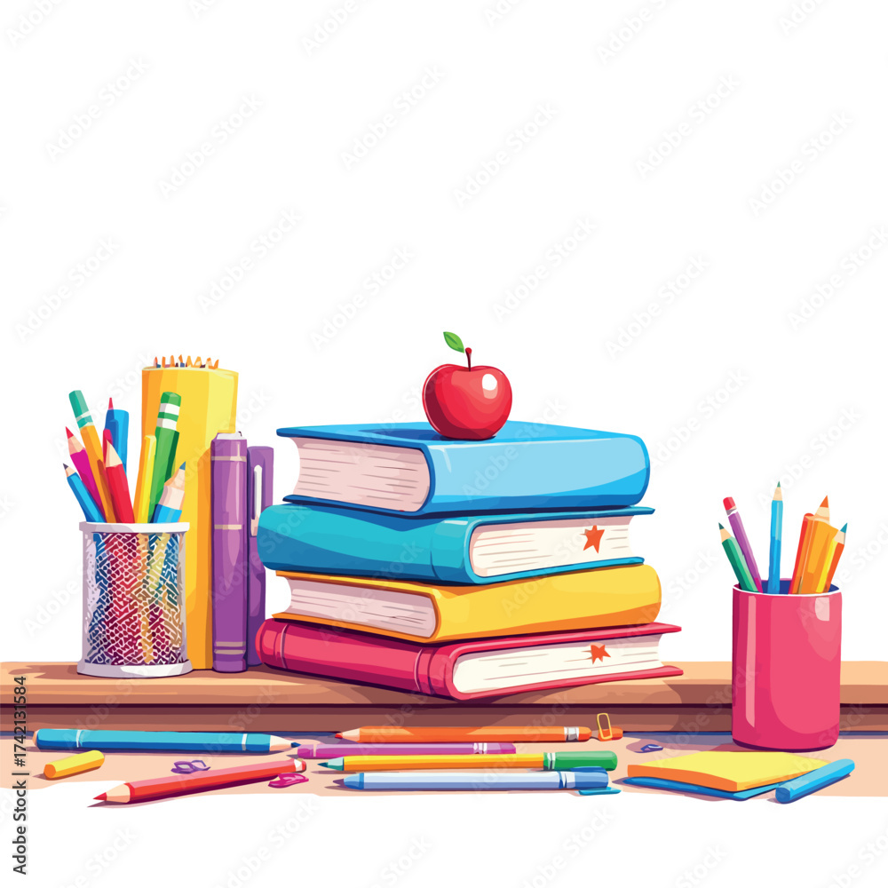 Fototapeta premium Vsai school supplies and books on a desk studying