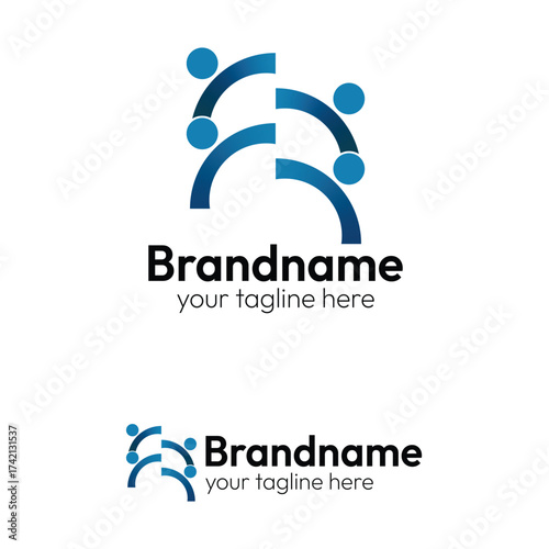 Abstract People Community Logo Design Template with Dynamic Interconnected Figures and Blue Gradient Arcs Representing Teamwork, Unity, and Social Connection