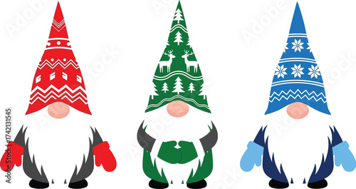 Three christmas gnomes with patterned hats on a white background editable stock