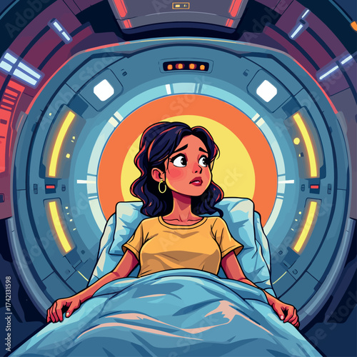 Vsai woman experiencing anxiety in mri scanner for medical imaging