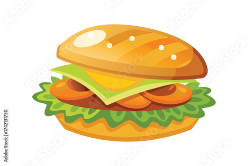 Cartoon Fried Fish Fillet Sandwich with Lettuce and Sauce